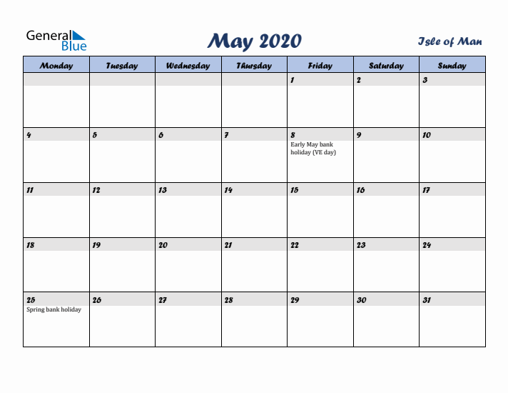 May 2020 Calendar with Holidays in Isle of Man