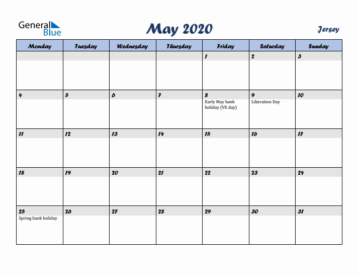May 2020 Calendar with Holidays in Jersey