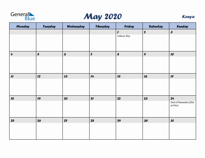 May 2020 Calendar with Holidays in Kenya