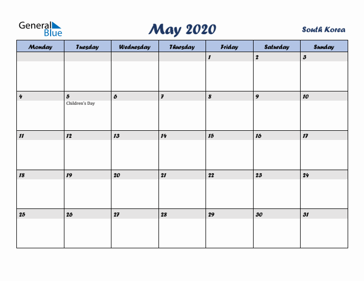 May 2020 Calendar with Holidays in South Korea