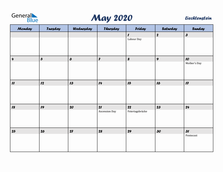May 2020 Calendar with Holidays in Liechtenstein