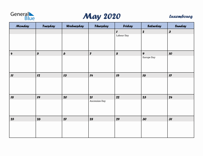 May 2020 Calendar with Holidays in Luxembourg