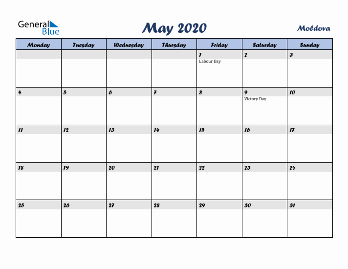 May 2020 Calendar with Holidays in Moldova