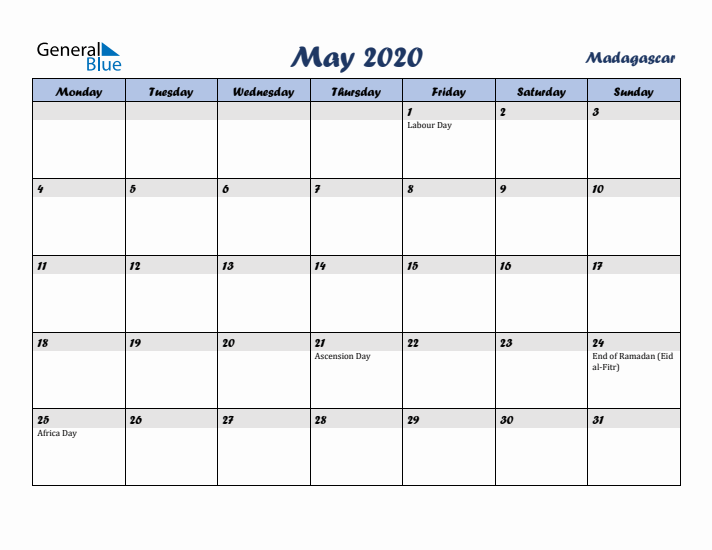 May 2020 Calendar with Holidays in Madagascar