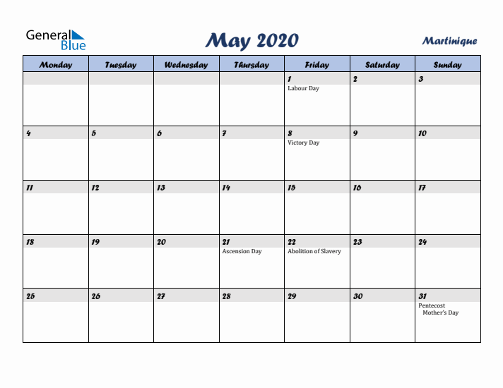 May 2020 Calendar with Holidays in Martinique