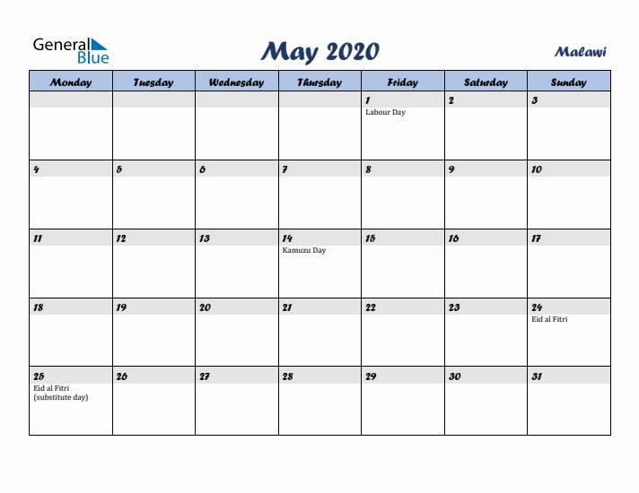 May 2020 Calendar with Holidays in Malawi