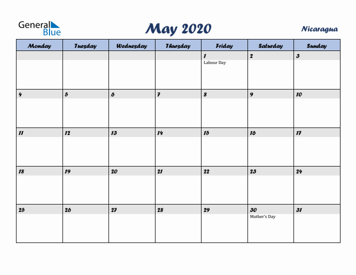 May 2020 Calendar with Holidays in Nicaragua