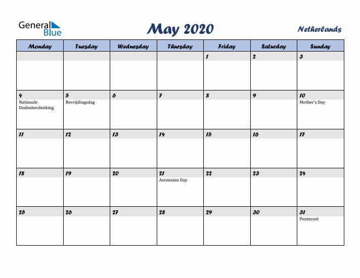 May 2020 Calendar with Holidays in The Netherlands