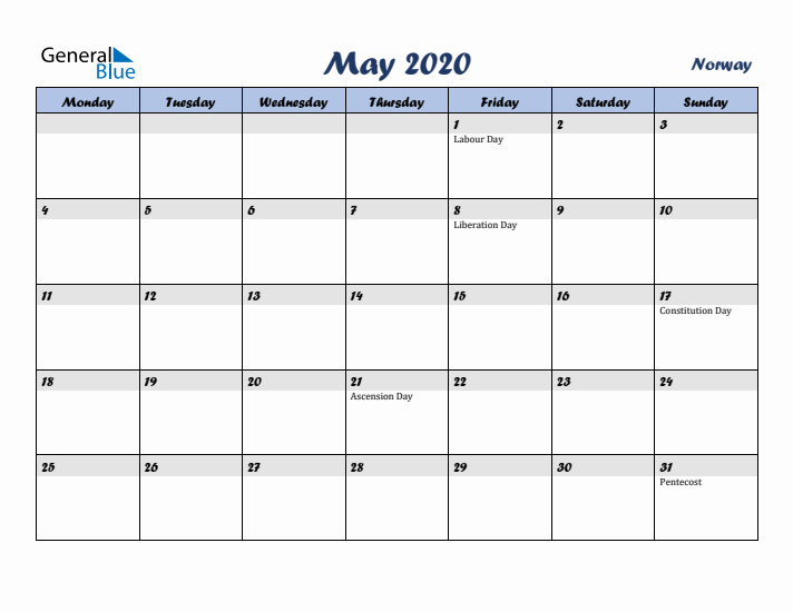 May 2020 Calendar with Holidays in Norway