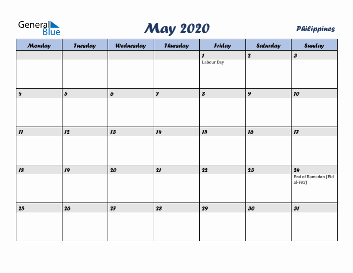 May 2020 Calendar with Holidays in Philippines