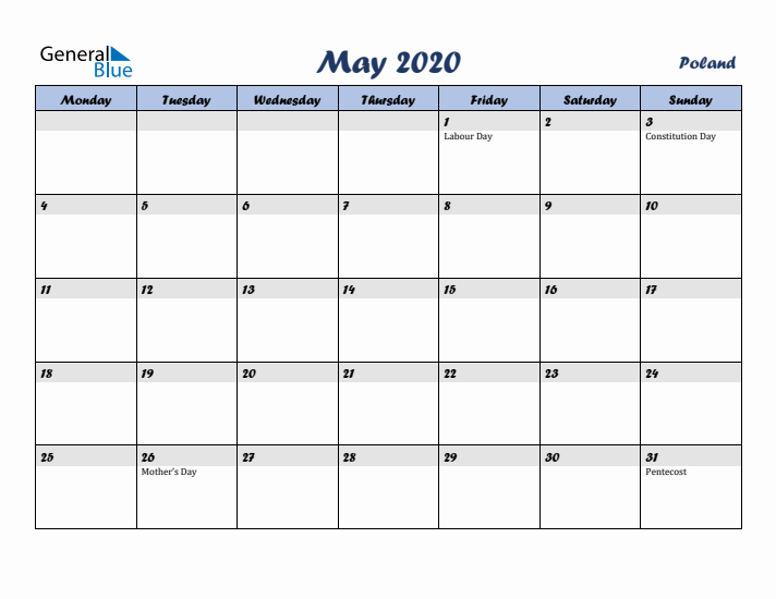 May 2020 Calendar with Holidays in Poland