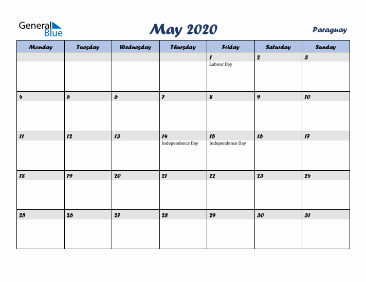 May 2020 Calendar with Holidays in Paraguay