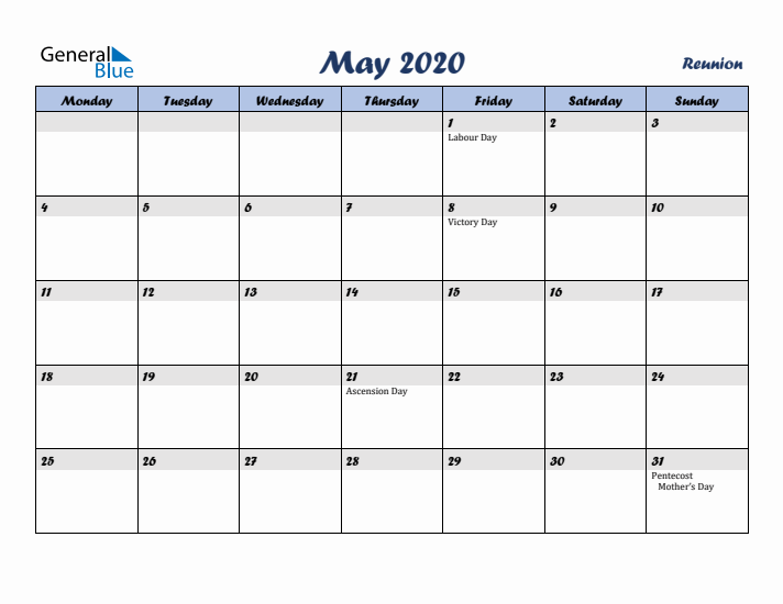May 2020 Calendar with Holidays in Reunion