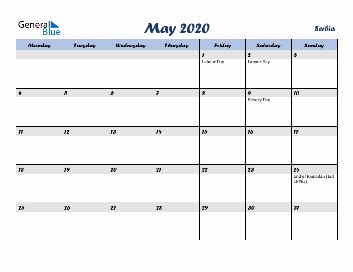 May 2020 Calendar with Holidays in Serbia