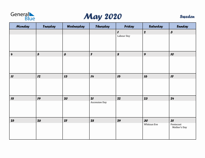 May 2020 Calendar with Holidays in Sweden