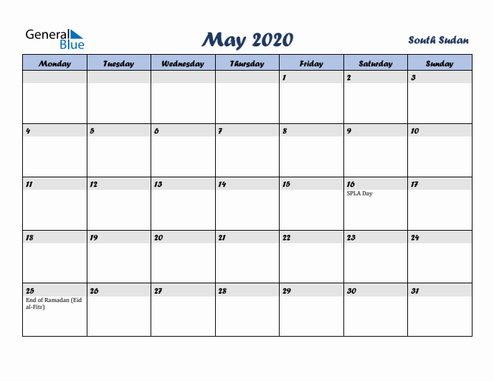 May 2020 Calendar with Holidays in South Sudan