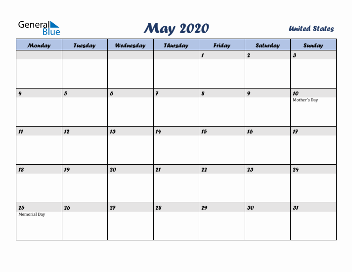 May 2020 Calendar with Holidays in United States