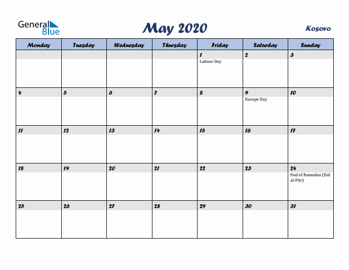May 2020 Calendar with Holidays in Kosovo