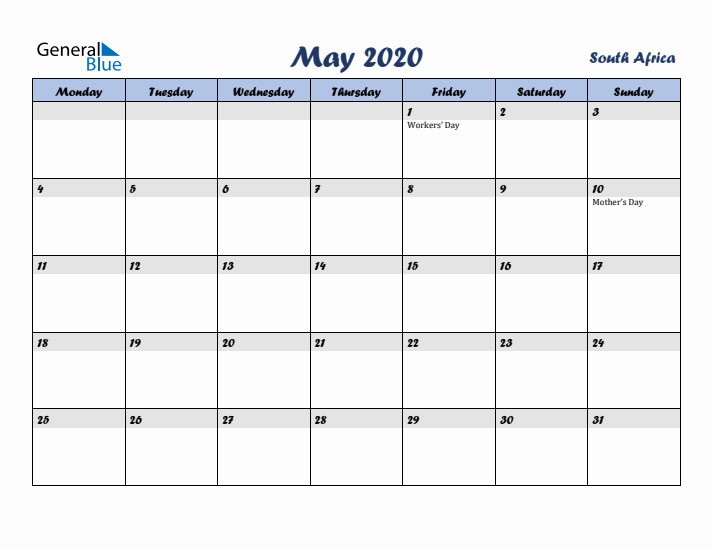 May 2020 Calendar with Holidays in South Africa