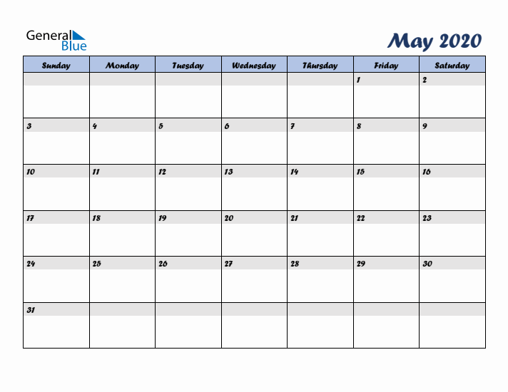 May 2020 Blue Calendar (Sunday Start)