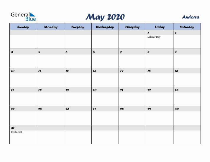 May 2020 Calendar with Holidays in Andorra
