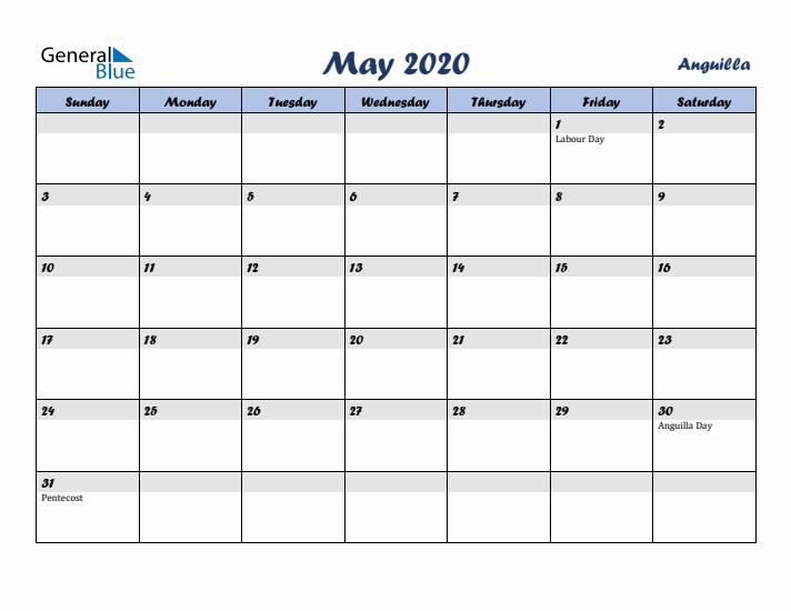 May 2020 Calendar with Holidays in Anguilla