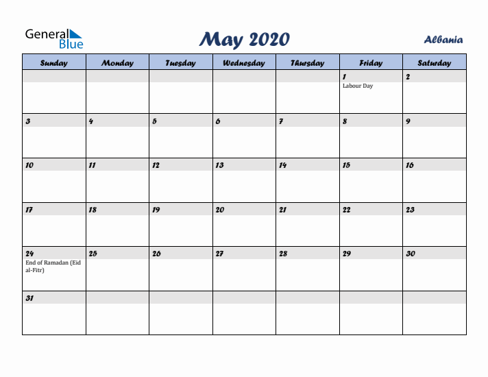 May 2020 Calendar with Holidays in Albania