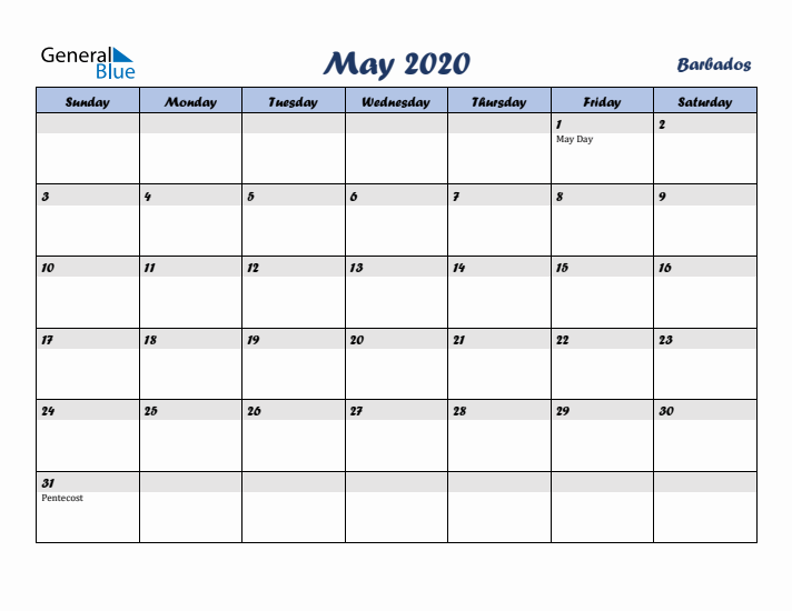 May 2020 Calendar with Holidays in Barbados