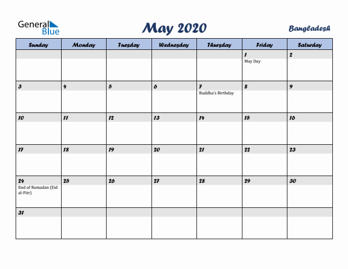May 2020 Calendar with Holidays in Bangladesh