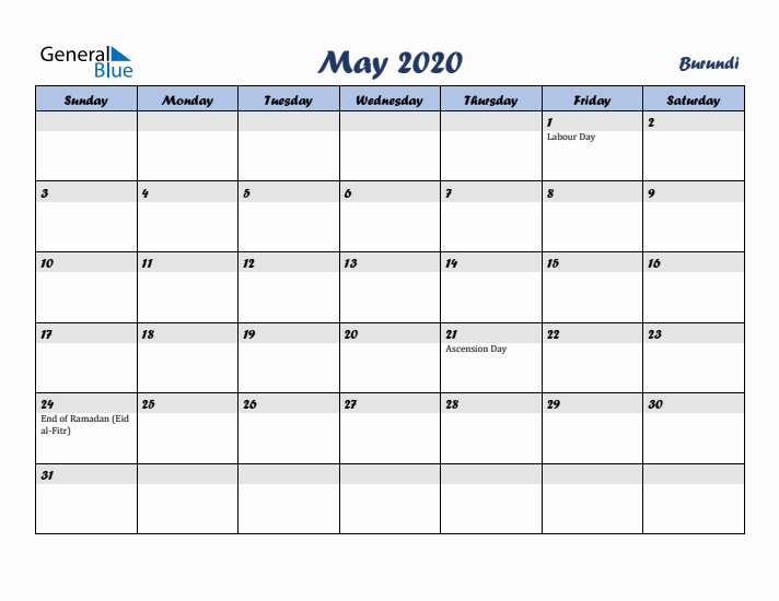 May 2020 Calendar with Holidays in Burundi