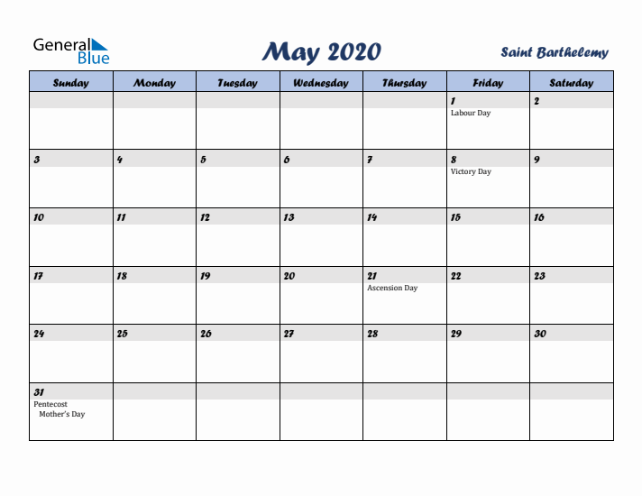 May 2020 Calendar with Holidays in Saint Barthelemy