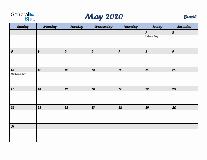 May 2020 Calendar with Holidays in Brazil