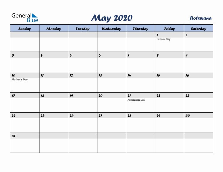 May 2020 Calendar with Holidays in Botswana