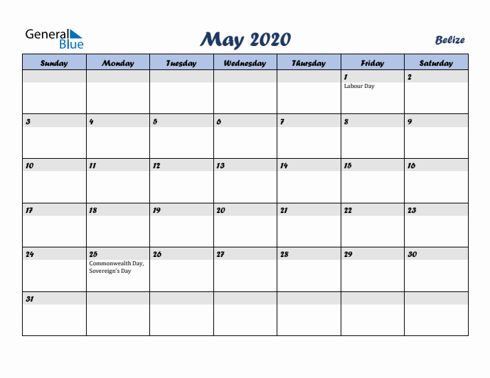 May 2020 Calendar with Holidays in Belize