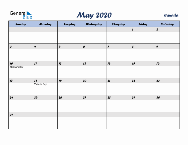 May 2020 Calendar with Holidays in Canada