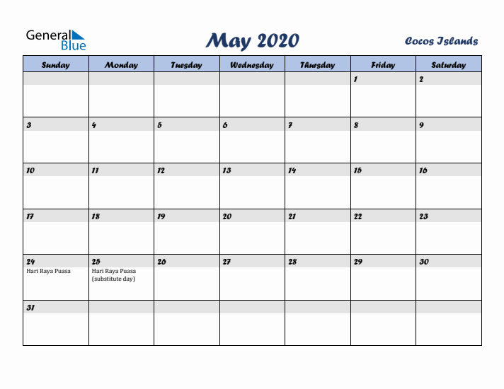 May 2020 Calendar with Holidays in Cocos Islands