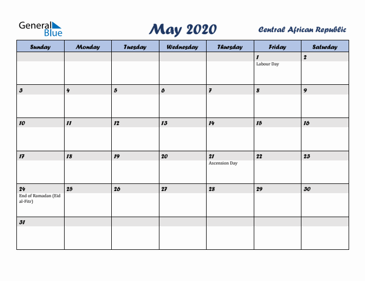 May 2020 Calendar with Holidays in Central African Republic