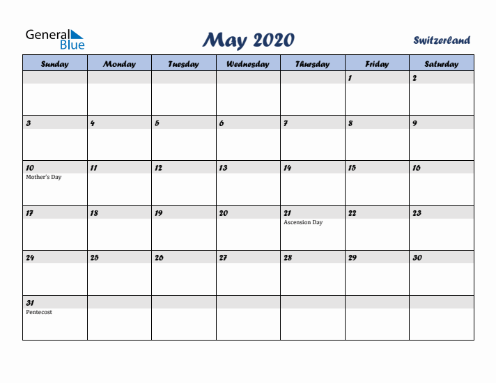 May 2020 Calendar with Holidays in Switzerland