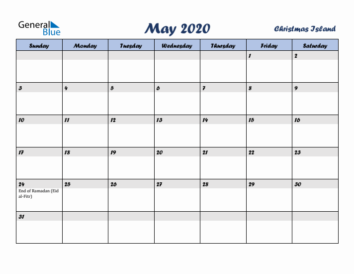 May 2020 Calendar with Holidays in Christmas Island