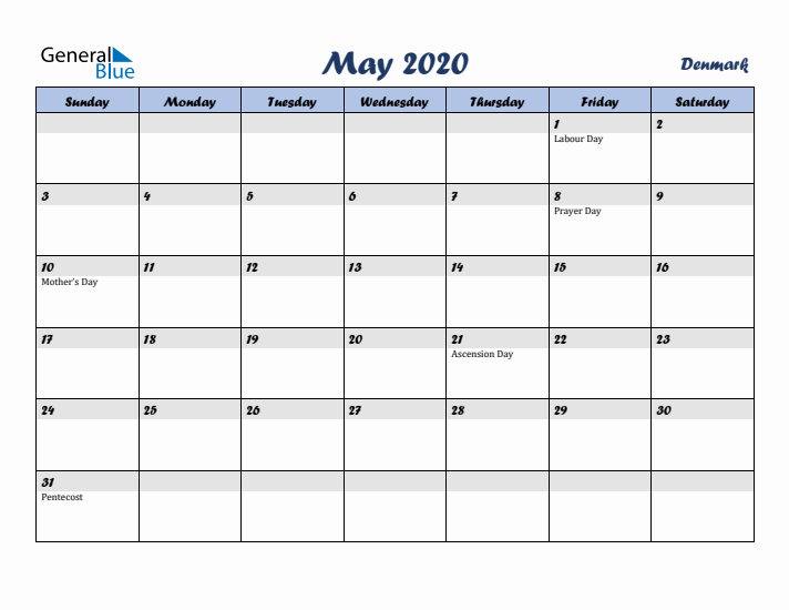 May 2020 Calendar with Holidays in Denmark