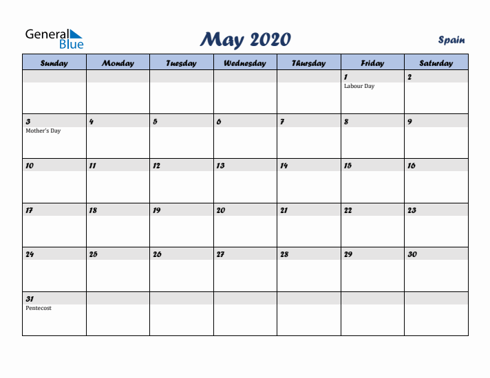 May 2020 Calendar with Holidays in Spain