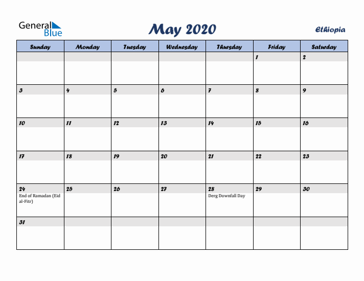 May 2020 Calendar with Holidays in Ethiopia