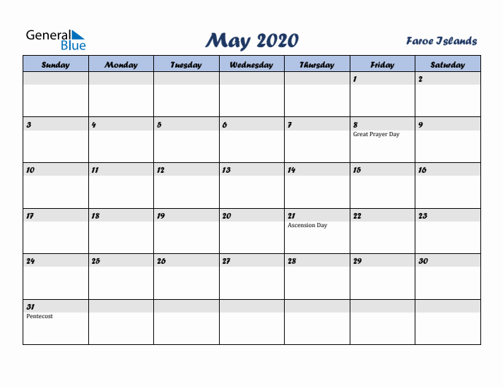 May 2020 Calendar with Holidays in Faroe Islands