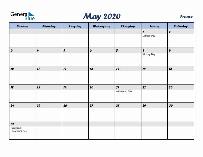 May 2020 Calendar with Holidays in France