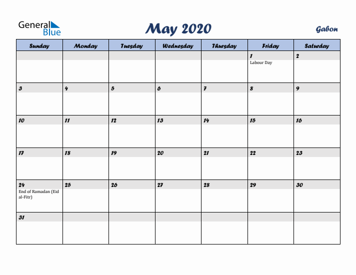 May 2020 Calendar with Holidays in Gabon
