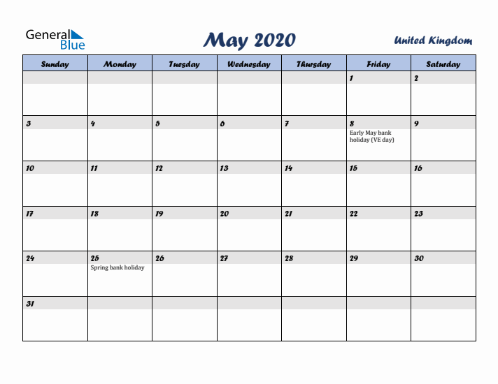 May 2020 Calendar with Holidays in United Kingdom