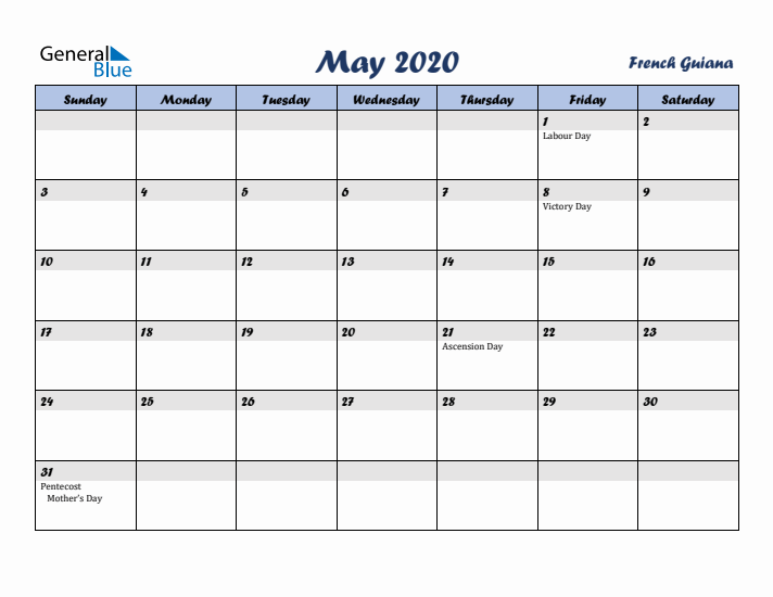 May 2020 Calendar with Holidays in French Guiana