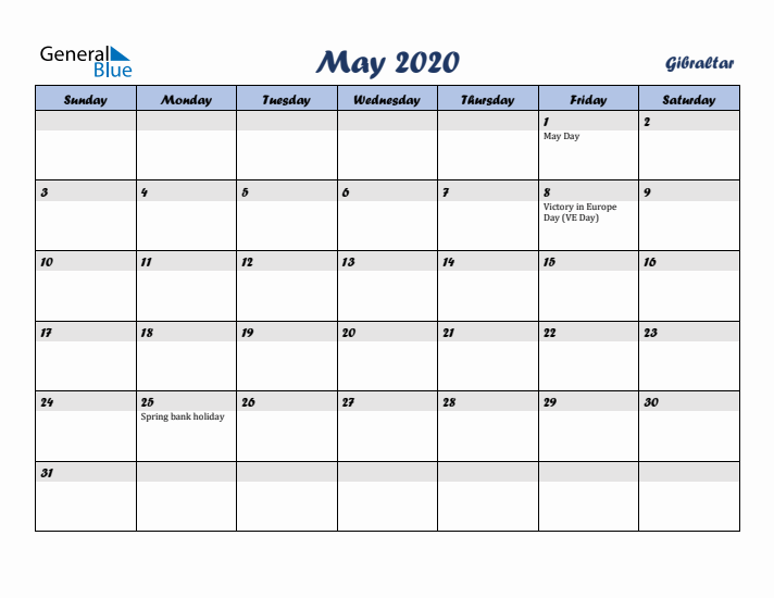 May 2020 Calendar with Holidays in Gibraltar