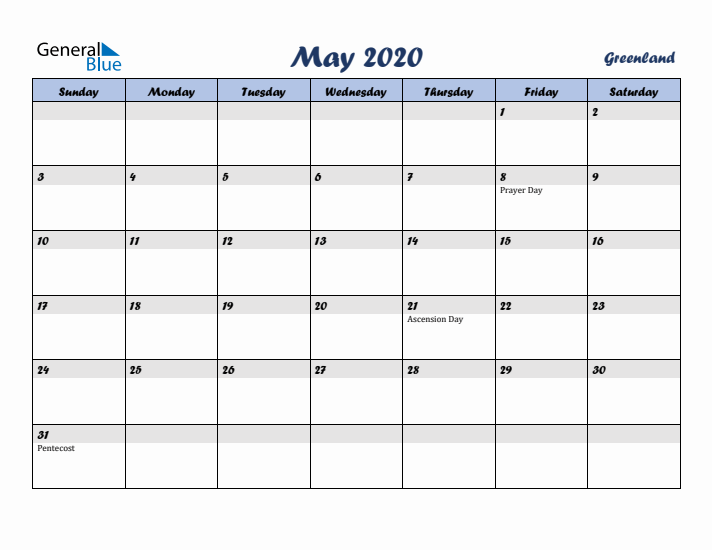 May 2020 Calendar with Holidays in Greenland