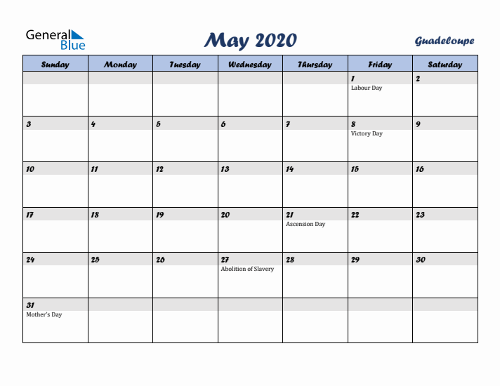 May 2020 Calendar with Holidays in Guadeloupe